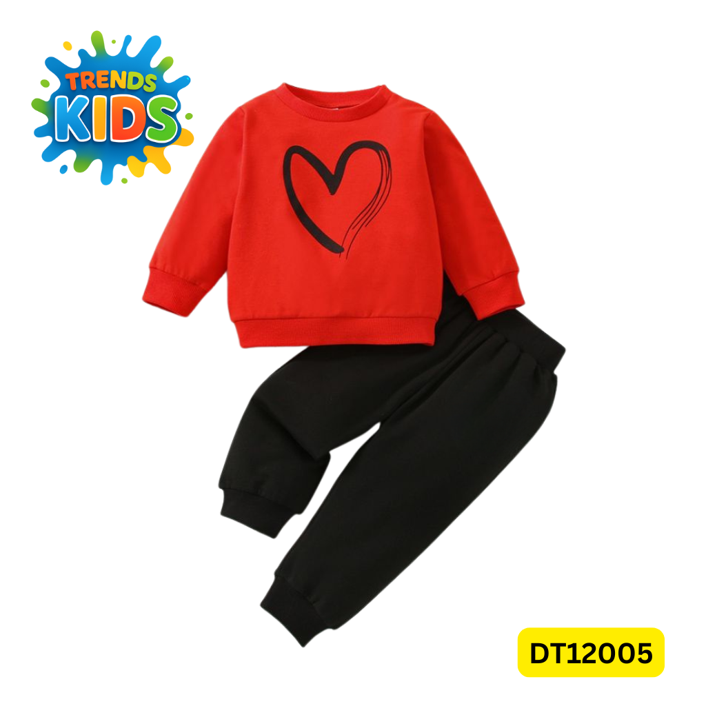 Red Sweatshirt & Black Joggers Kids Set – Heart Graphic | Premium Cotton Winter Wear
