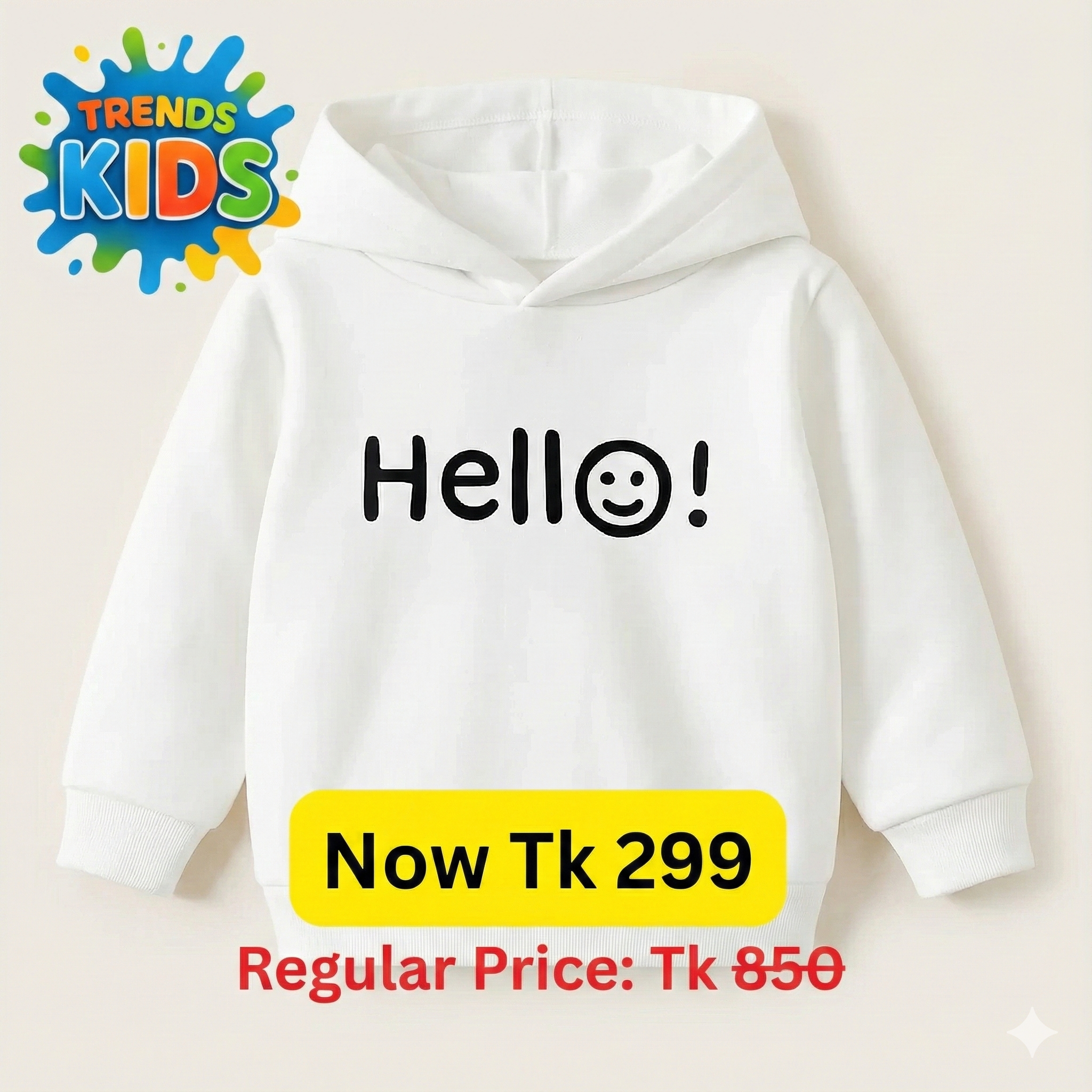 Kids “Hello” Printed White Hoodie – Soft & Cozy Winter Wear (6M–6Y) |