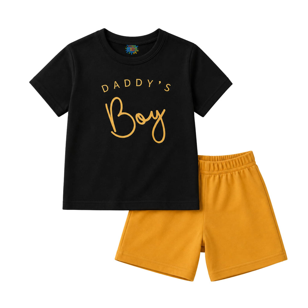 Black t-shirt with 'Daddy's Boy' text and yellow shorts on a white background