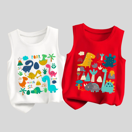 Kids Cotton Sleeveless Tank Top – Cute Dinosaur Cartoon Print | Soft Summer Vest for Baby & Kids