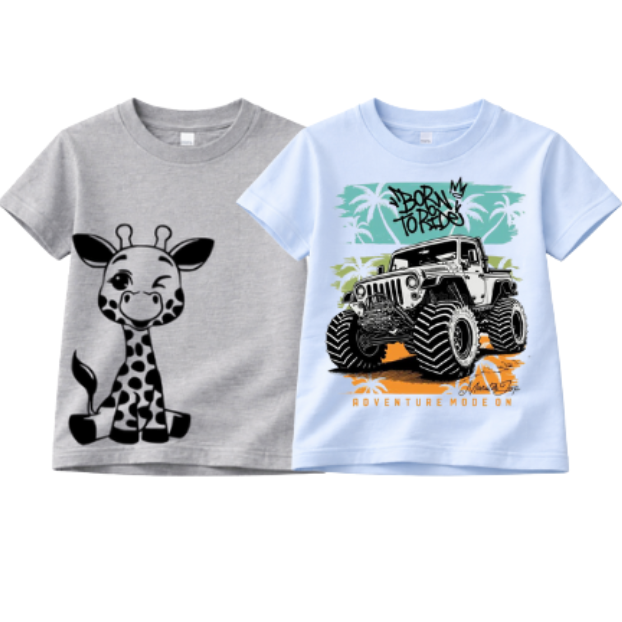 Boys'  Premium  T-Shirt 2-Pack– Winking Giraffe & Off-Road Jeep| TS2C-DIOCAR-MIX