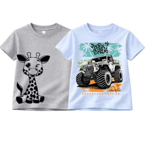 Two children's t-shirts, one with a giraffe design and the other with a jeep graphic, on a white background.