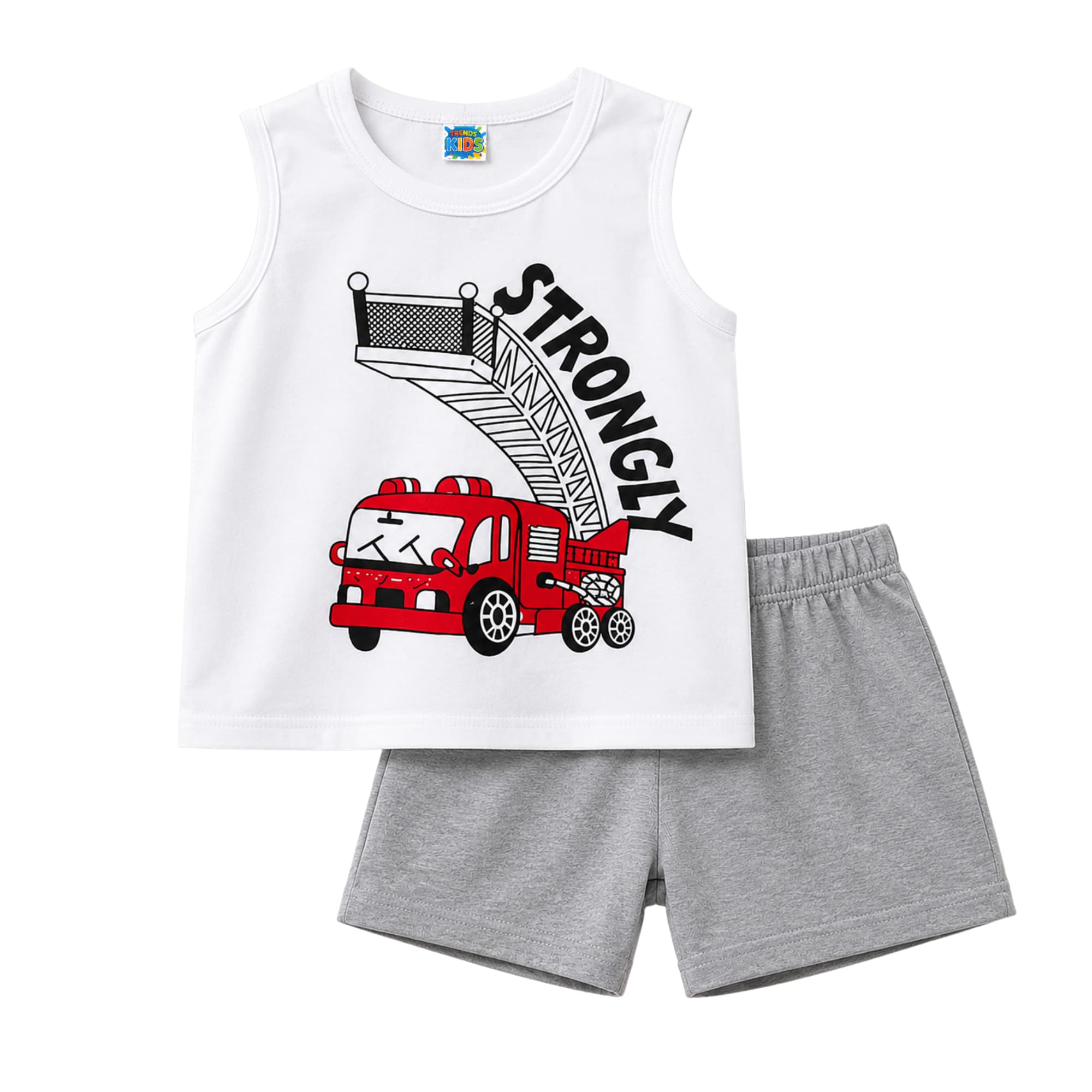 Strongly Fire Truck Print  Baby & Kids Tank Top & Shorts Set | TT-TRUCK-WH-GAY
