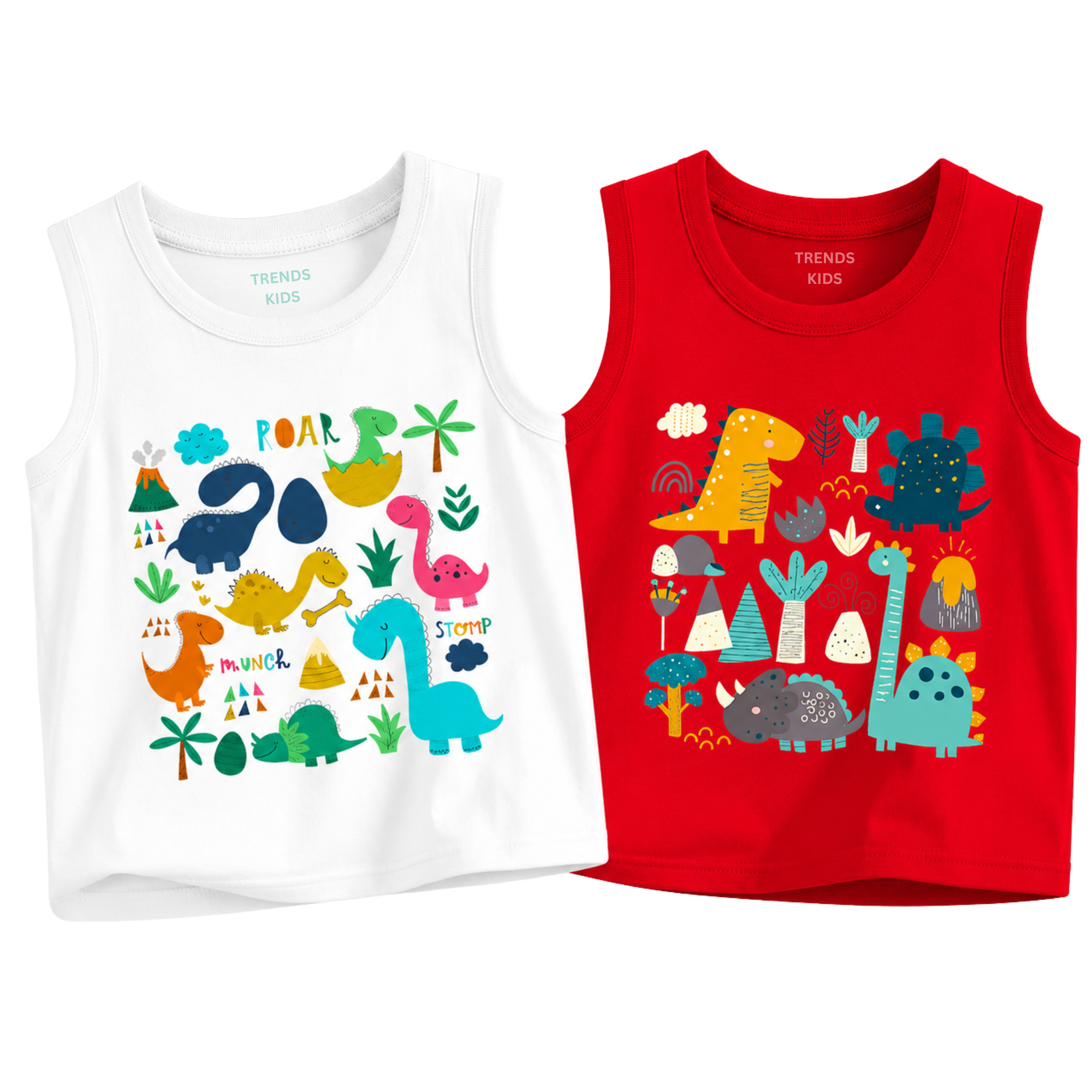 Kids Cotton Sleeveless Tank Top –Dinosaur Cartoon Print | TT2C-DINO-MIX