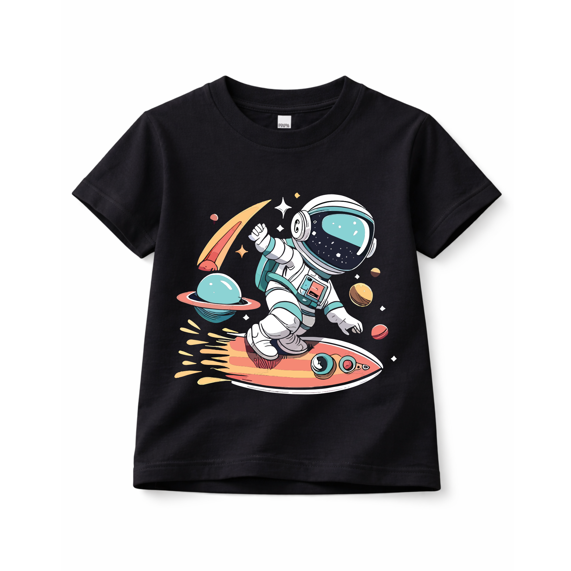 Space Surfing Astronaut Kids T-Shirt – Premium Cotton Graphic Tee for Boys & Girls
