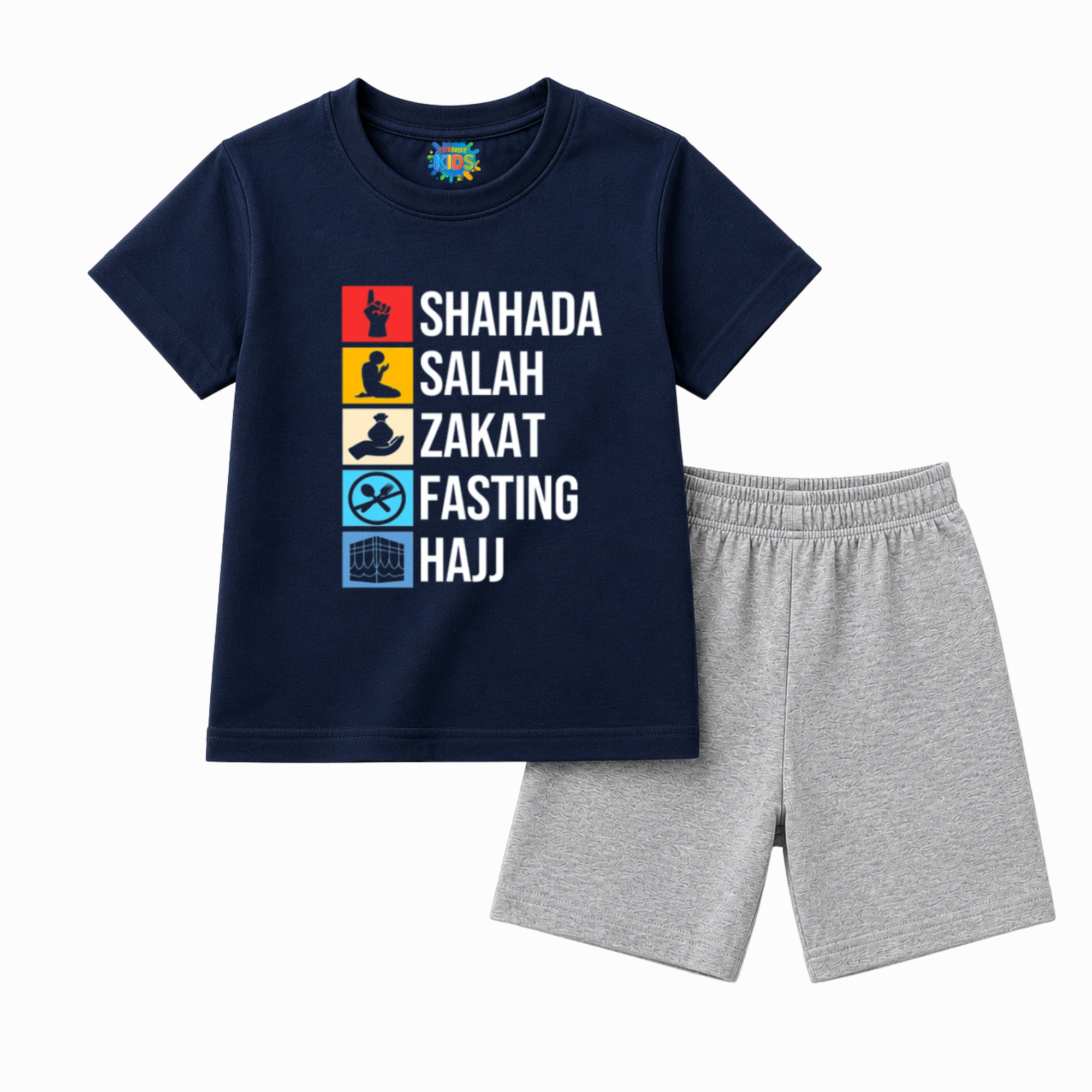 Islamic Kids T-Shirt & Shorts Set – Five Pillars Print Premium Cotton Summer Outfit