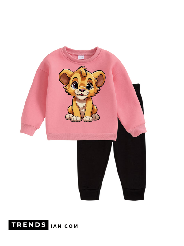 Cute Lion Girls &   Boys Pink Sweater And Black Trousers Two-Piece Sets Dt56