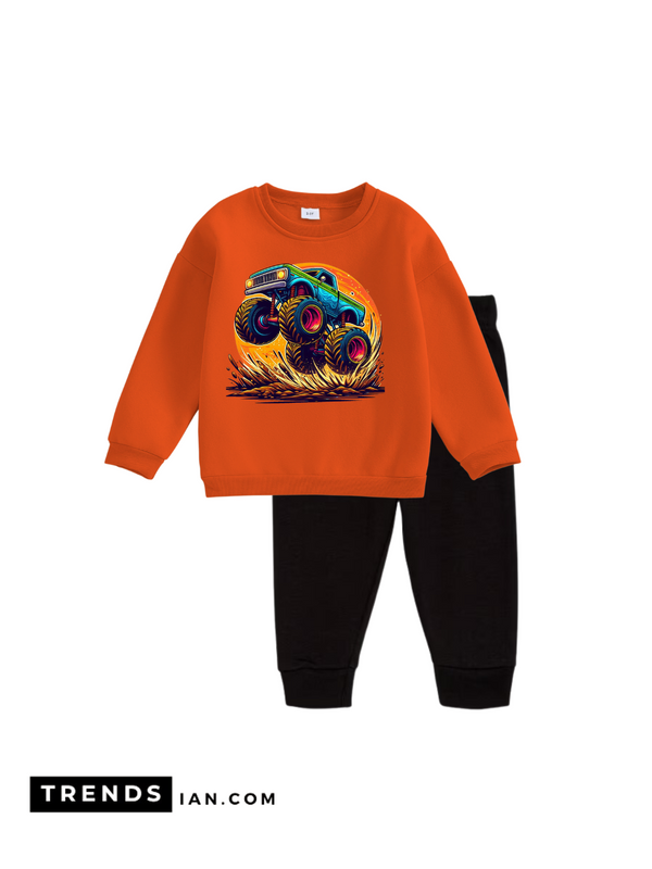 Race car Orange Sweatshirt And Black Pant Children's Two-Piece Sets Dt2