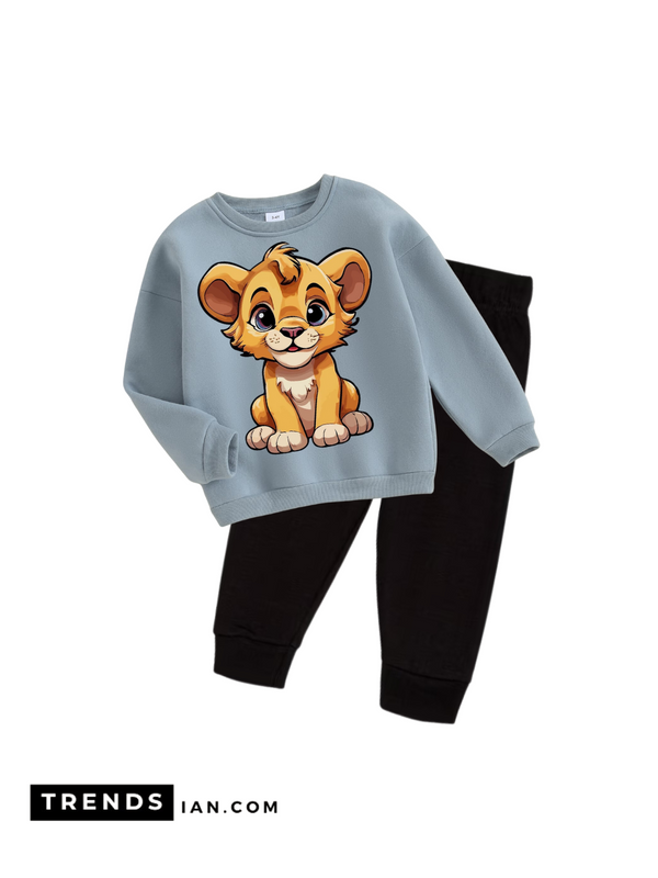 Lion Girls & Boyes Gray Swetar Black Pant Sets Children's Dt56