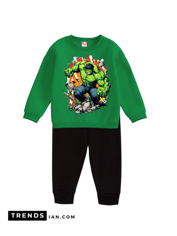 Hulk Bulliders Boys & Girls green Sweater And black Trousers Two-Piece Sets Dt60