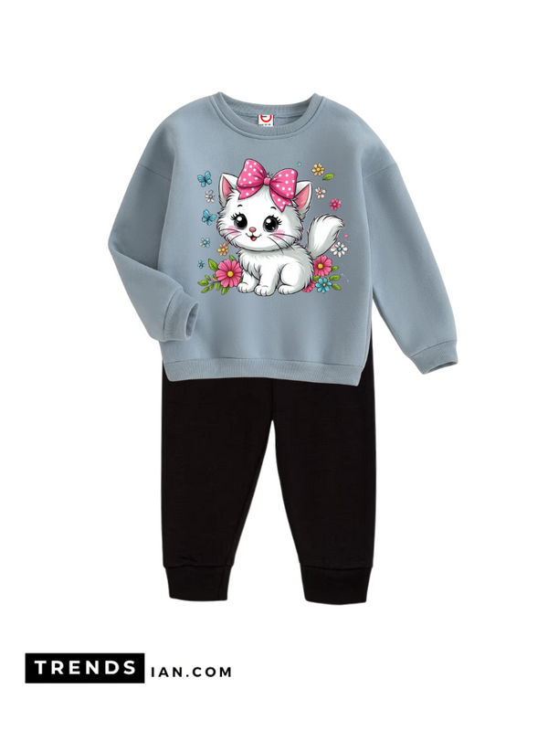 Cute cat Kids Boys & Girls Sweater And Trousers Two-Piece Sets Gray