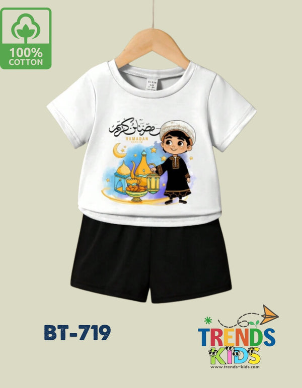 Ramadan Kareem Baby & Kids Super Comfortable White T-Shirt & Black Pants Set