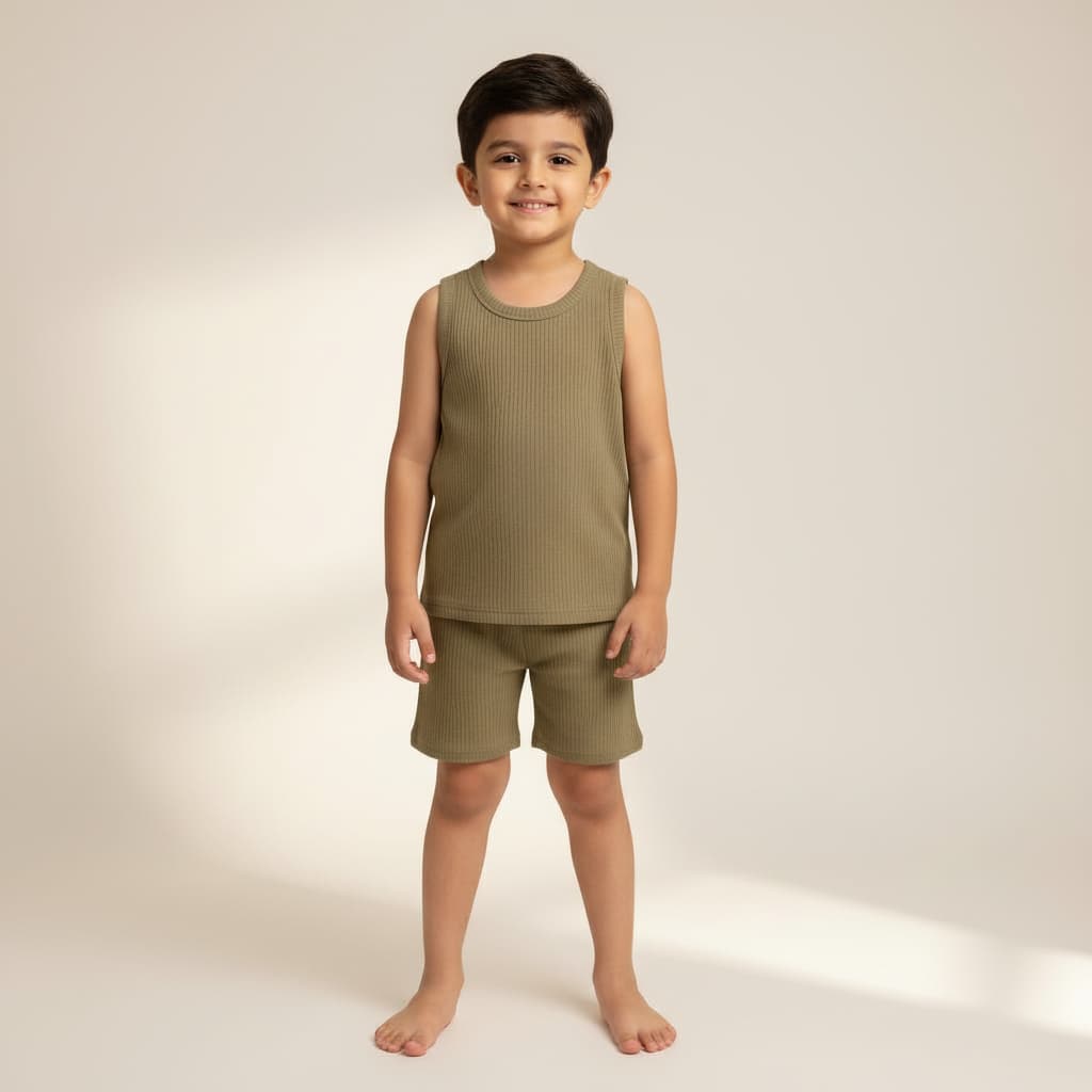 Kids Khaki Ribbed Tank Top & Shorts Set (0M-7Y) | Trends-Kids