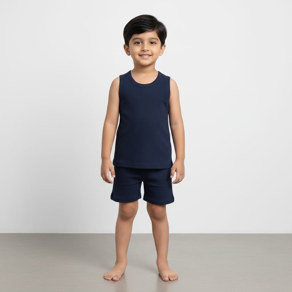 Premium Navy Blue Ribbed Tank Top Round Neck & Shorts Set for Kids (0 Months - 7 Years)