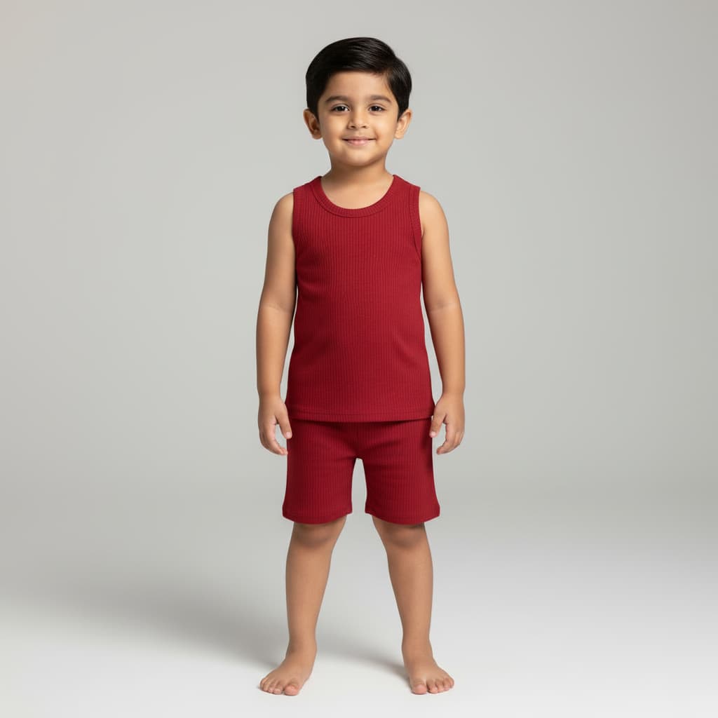 Premium Red Ribbed Tank Top Round Neck & Shorts Set for Kids (0 Months - 7 Years)