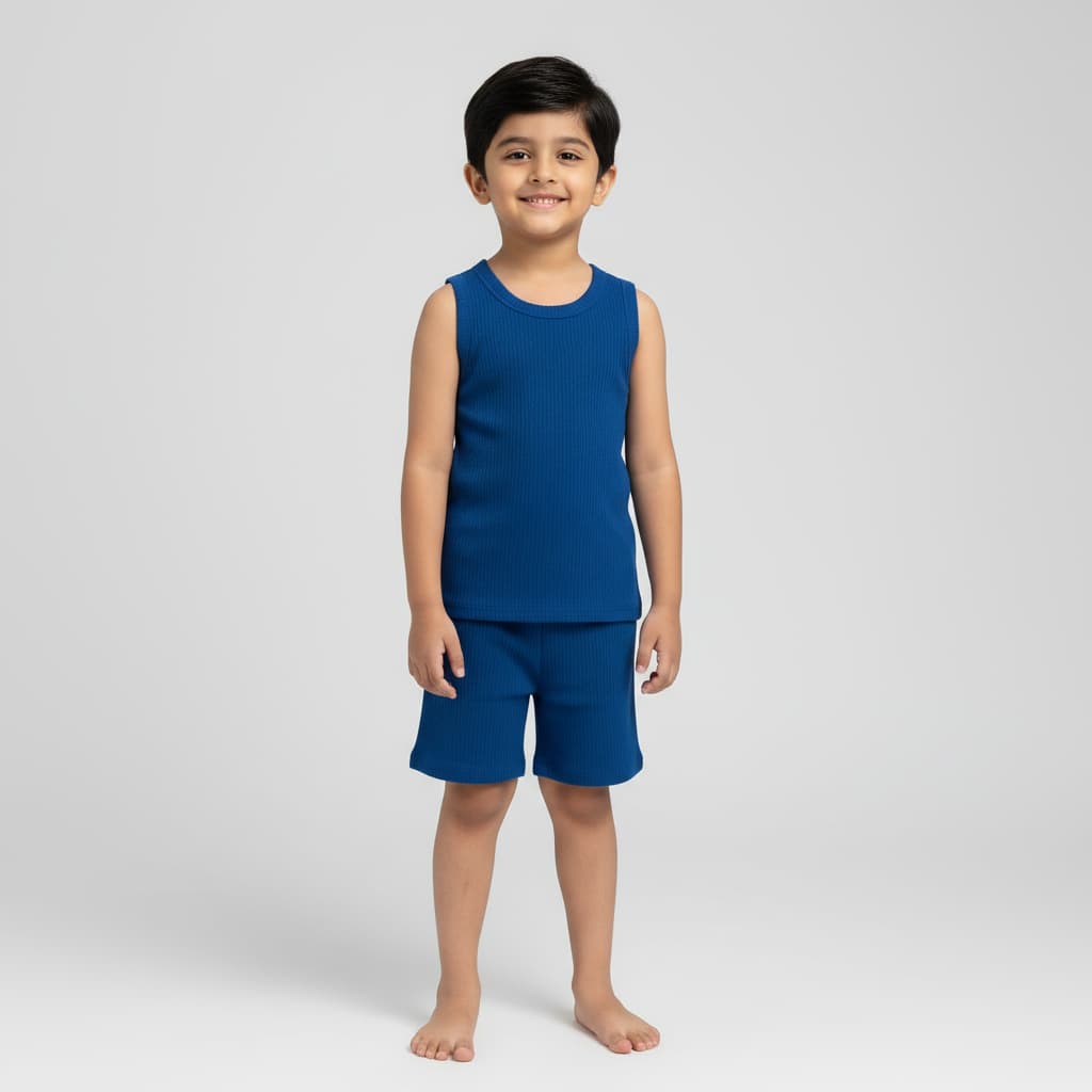 Premium Royal Blue Ribbed Tank Top Round Neck & Shorts Set for Kids (0 Months - 7 Years)