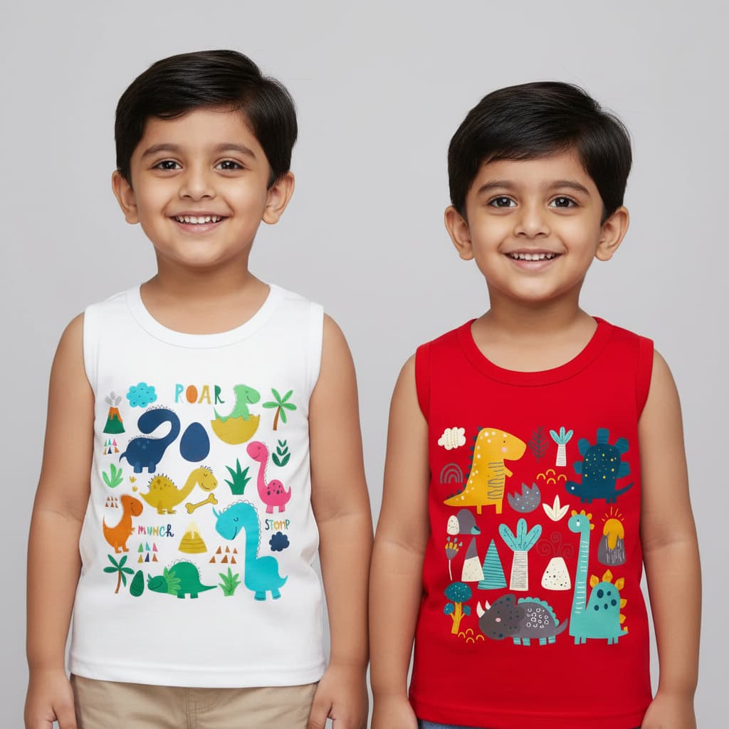 Kids Cotton Sleeveless Tank Top –Dinosaur Cartoon Print | TT2C-DINO-MIX