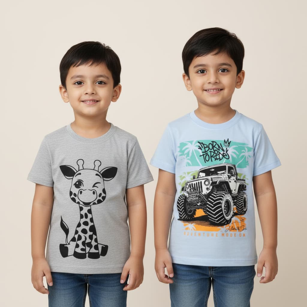 Boys'  Premium  T-Shirt 2-Pack– Winking Giraffe & Off-Road Jeep| TS2C-DIOCAR-MIX