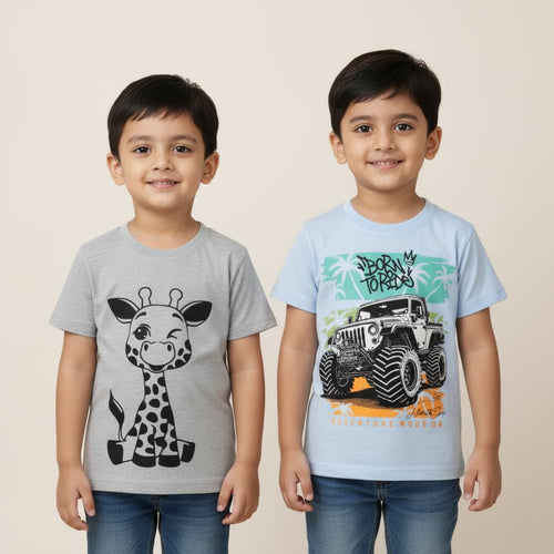 Boys'  Premium  T-Shirt 2-Pack– Winking Giraffe & Off-Road Jeep| TS2C-DIOCAR-MIX