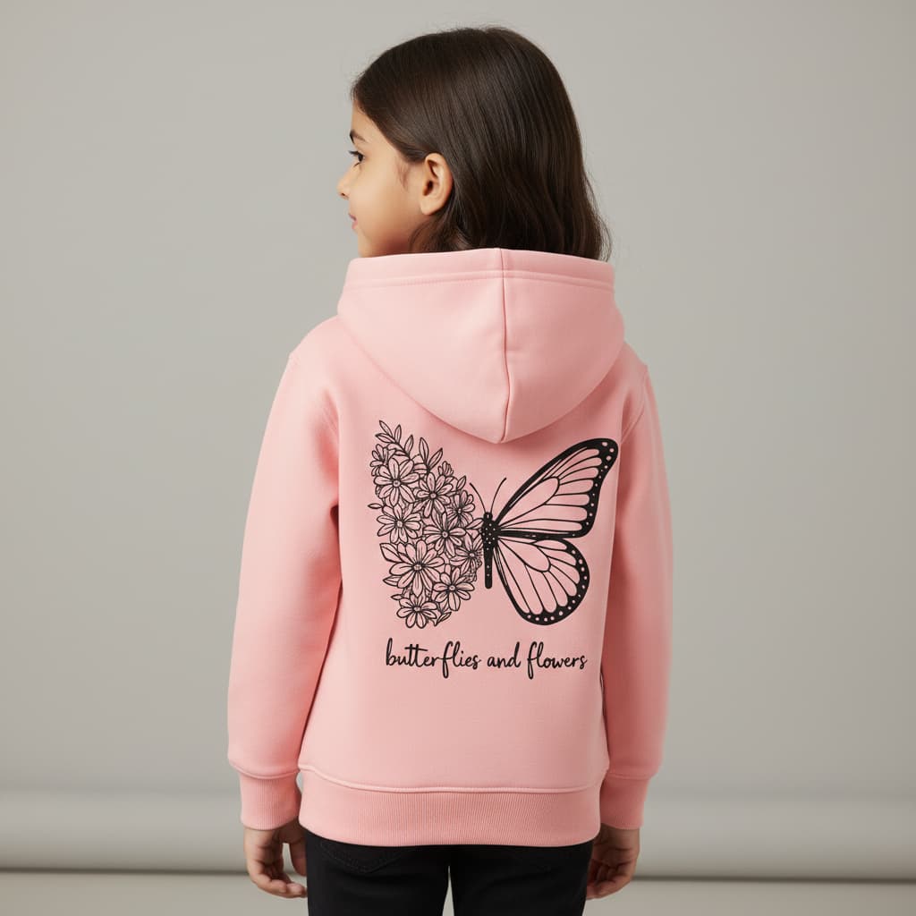 Butterflies Kids Hoodie – Soft Pink | Winter Fleece  6 Months – 1 Years