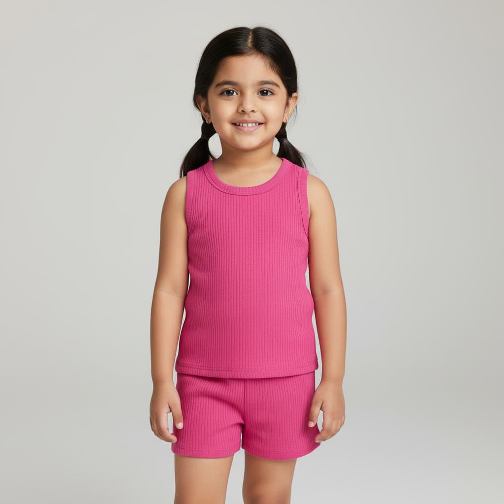 Premium Hot Pink Ribbed Tank Top Round Neck & Shorts Set for Kids (0 Months - 7 Years)