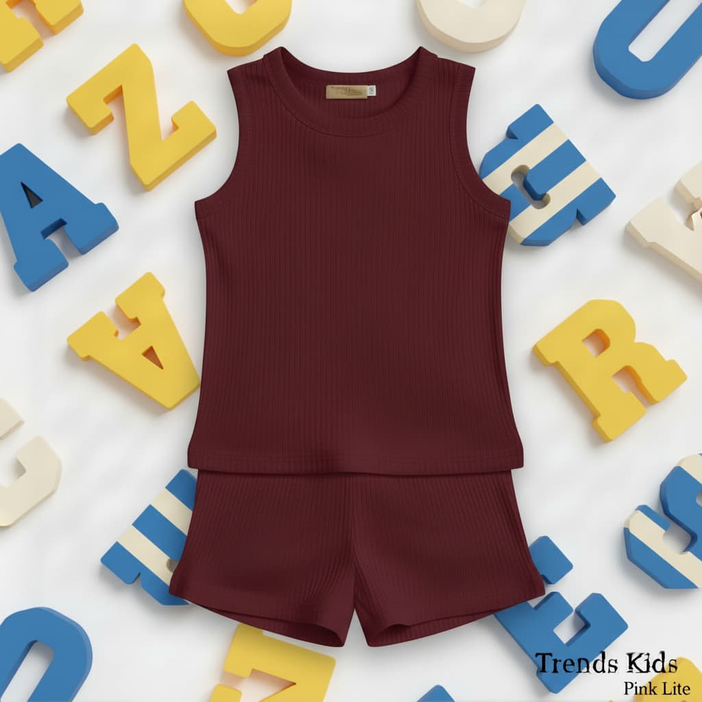 Kids Maroon Ribbed Tank Top & Shorts Set (0M-7Y) | Trends-Kids