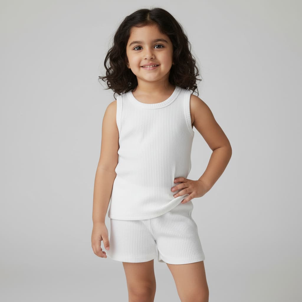 Premium White Ribbed Tank Top Round Neck & Shorts Set for Kids (0 Months - 7 Years)