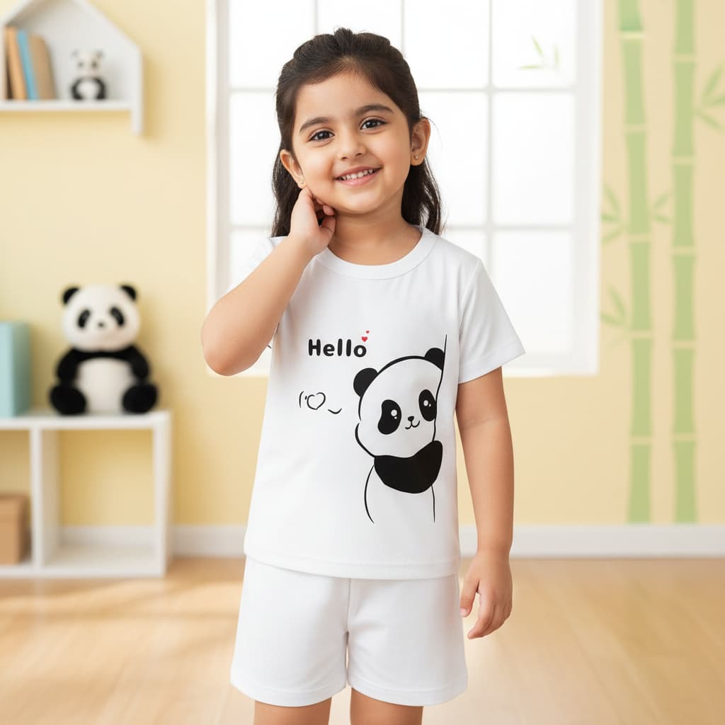 Basic Toddler Two-Piece Summer Set: Panda "Hello" Tee & Shorts Set