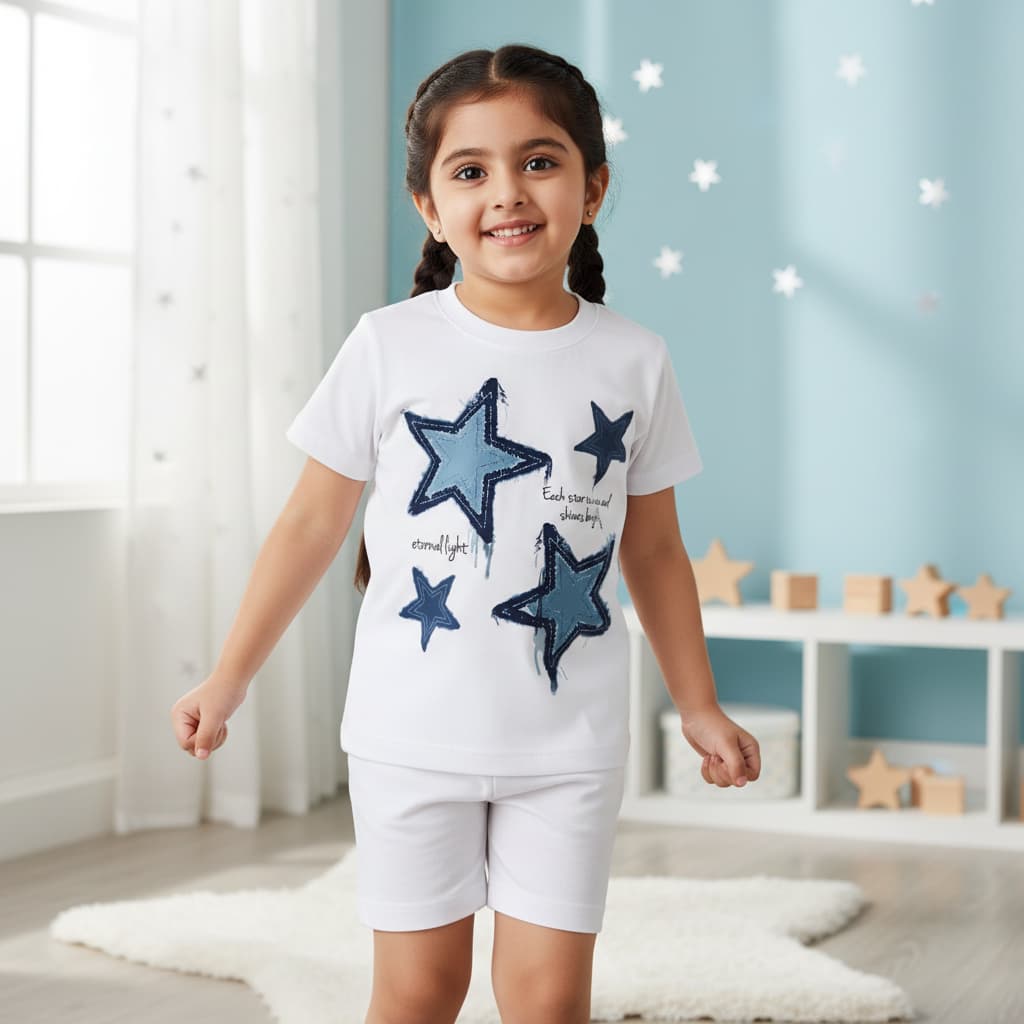 Star Print Kids Premium T-Shirt & Basic Shorts Set –  Cotton Summer Outfit