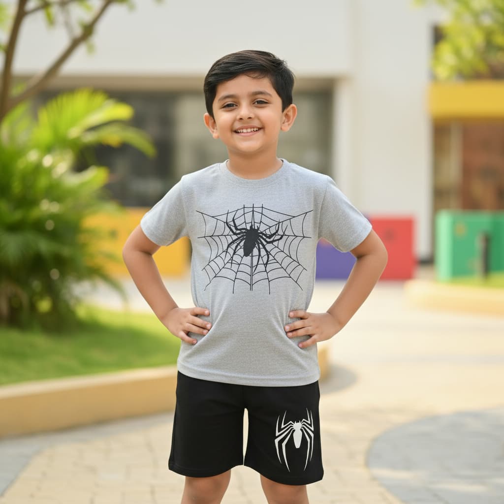 Premium T-Shirt + Pocket Shorts Set Soft Cotton Cool Spidr Print Baby & Kids