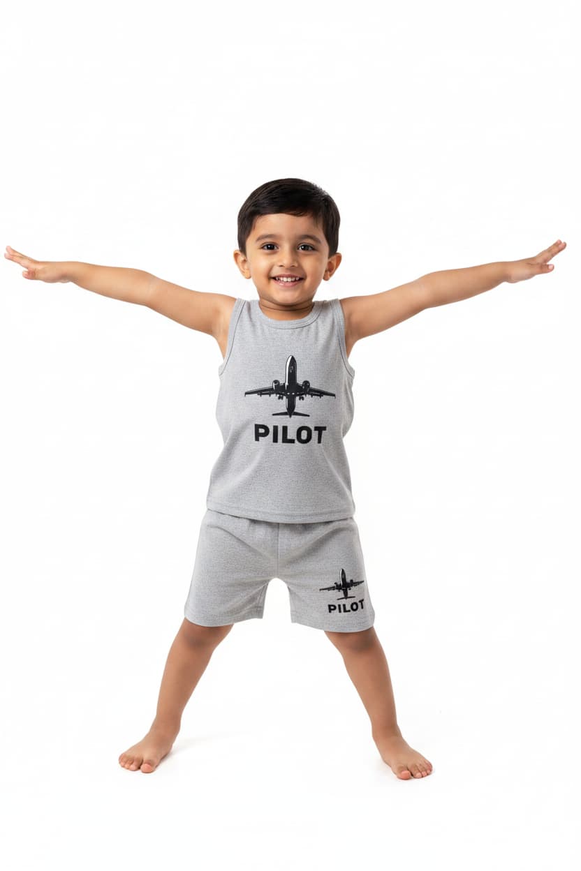 Kids Pilot Tank Top & Shorts Set (Grey) – Soft Cotton | TT-PILOT-GRY