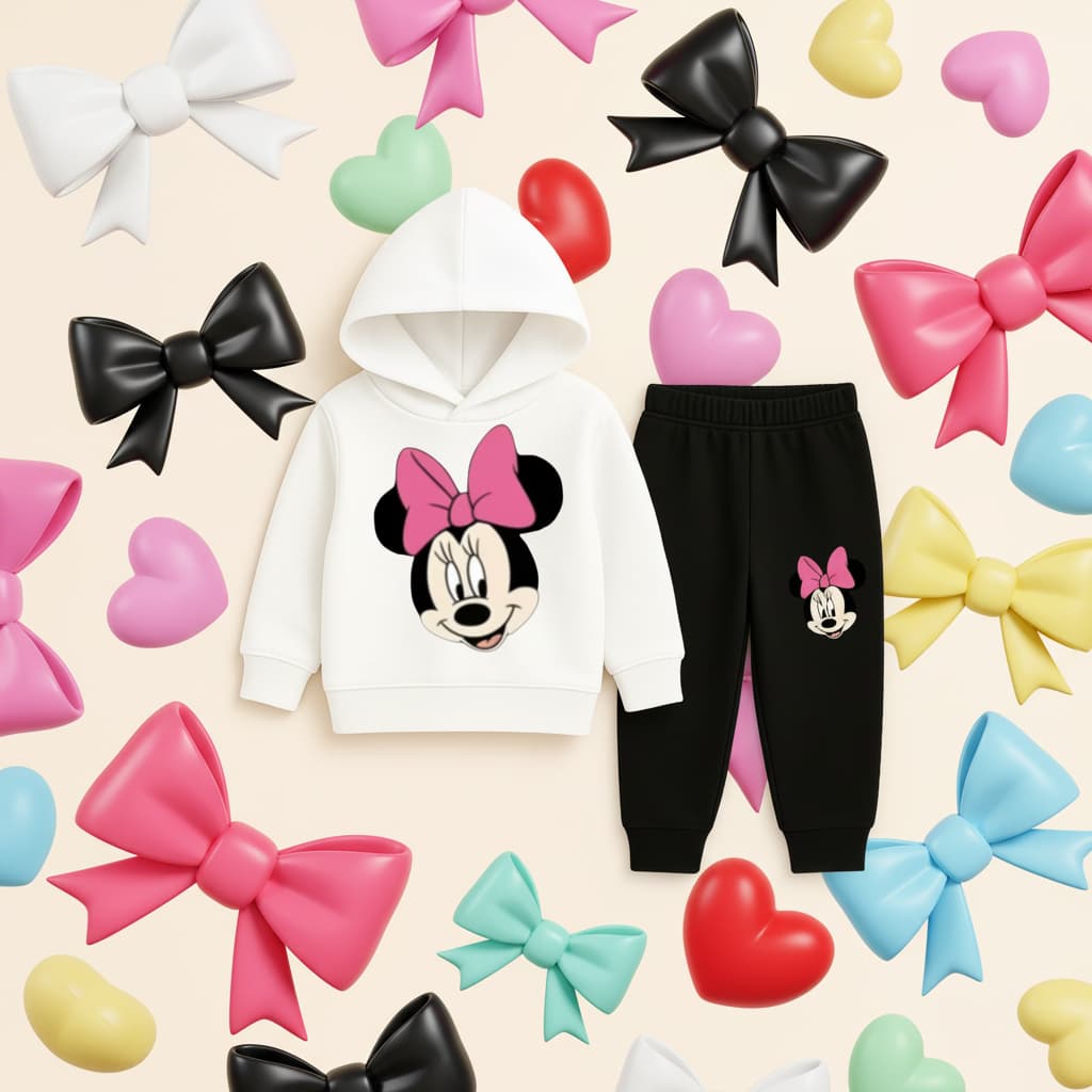 White Hoodie, Black jogger and  Pink-bow cartoon-Boys & Girls