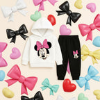 White Hoodie, Black jogger and  Pink-bow cartoon-Boys & Girls