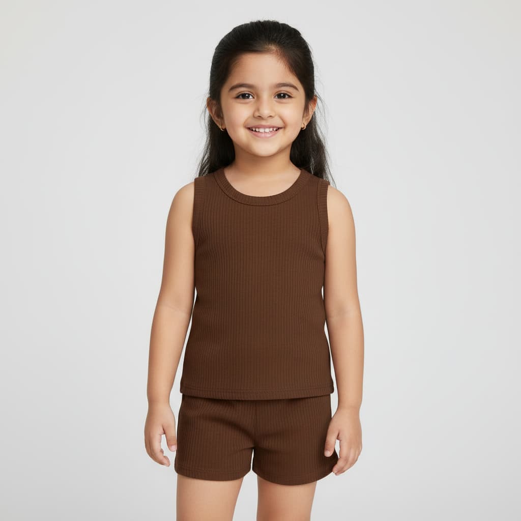 Premium Chocolate Brown Ribbed Tank Top Round Neck & Shorts Set for Kids (0 Months - 7 Years)