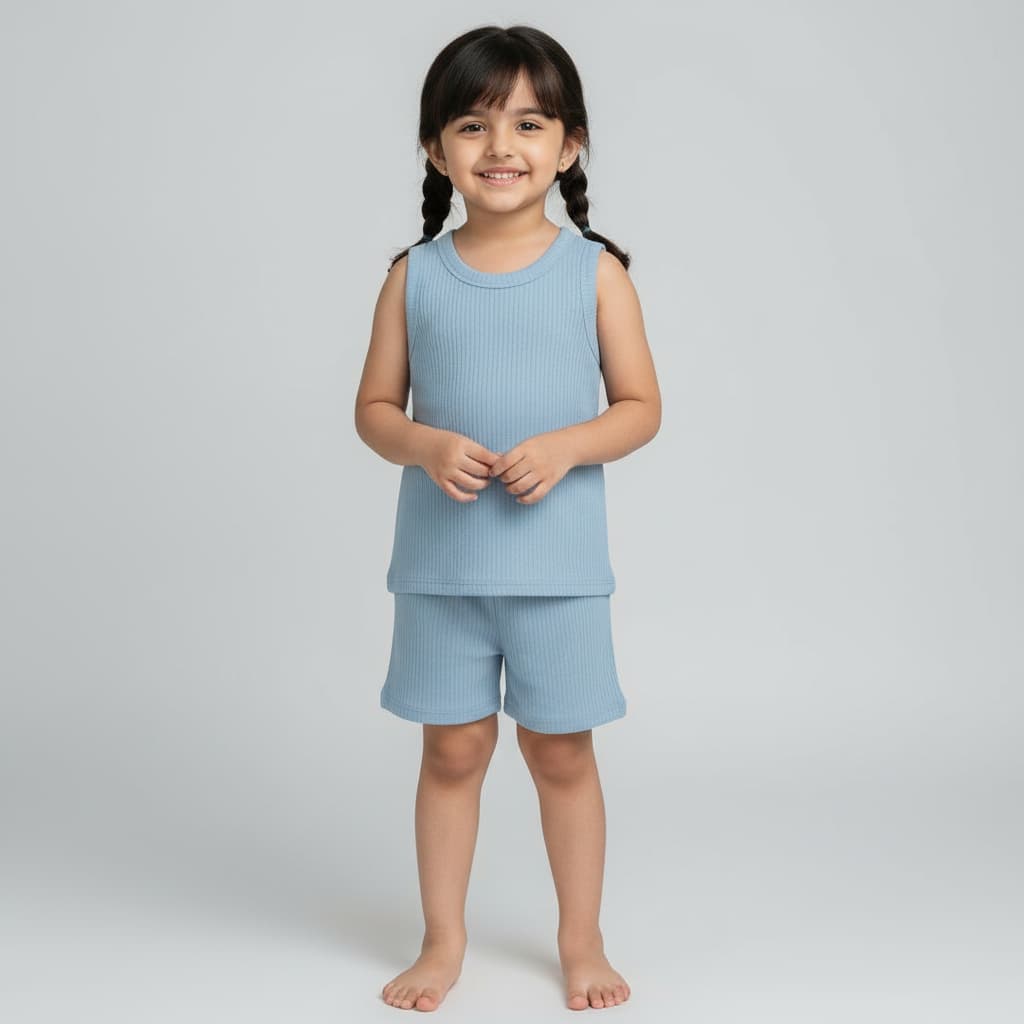 Kids Sky Blue Ribbed Tank Top & Shorts Set (0M-7Y) | Trends-Kids