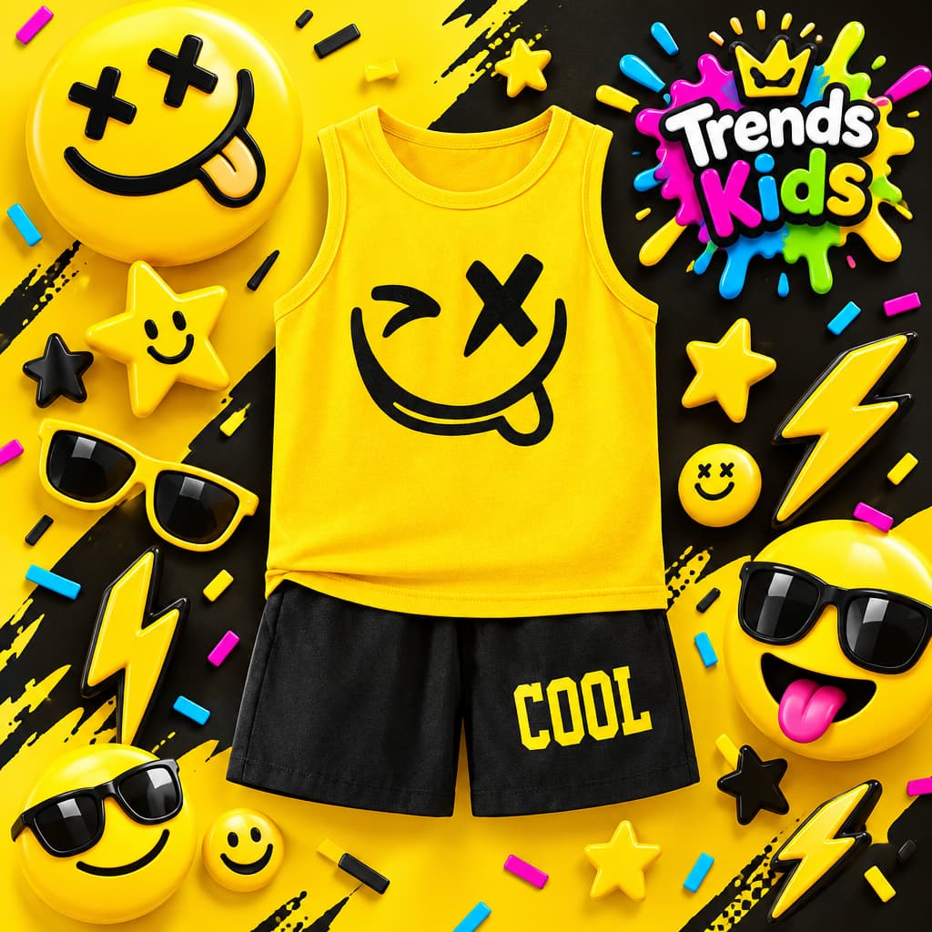 Cool Smiley Yellow Tank Top + Black Shorts Set