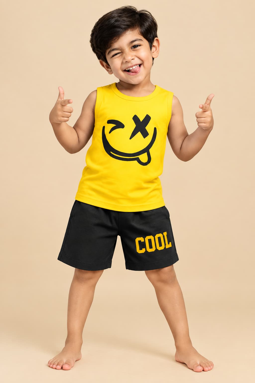 Cool Smiley Yellow Tank Top + Black Shorts Set