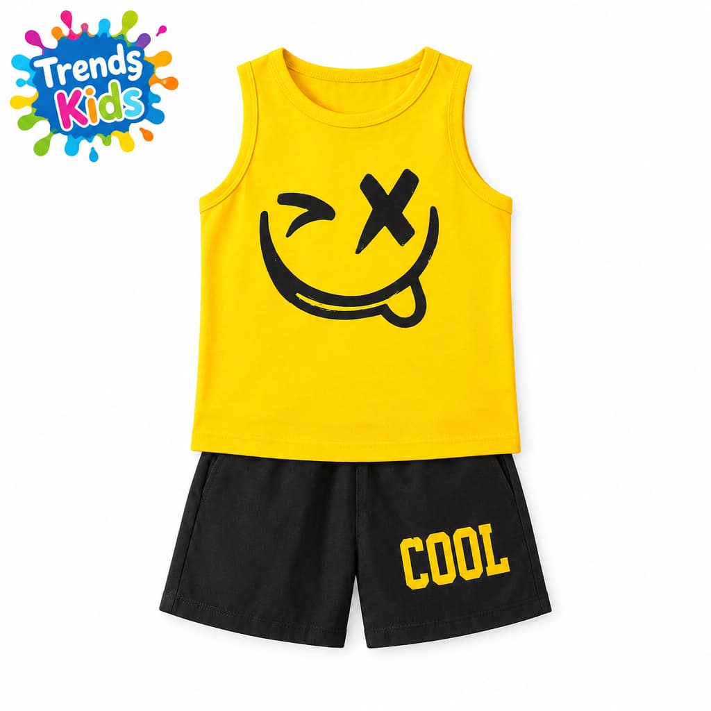 Cool Smiley Yellow Tank Top + Black Shorts Set