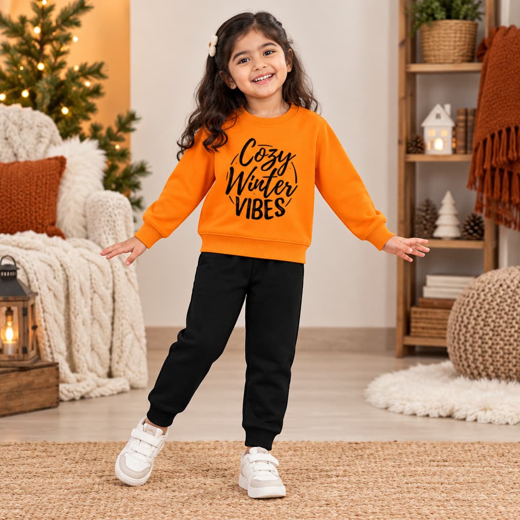 Orange Sweatshirt & Black Joggers Kids Set – Cozy Winter Vibes