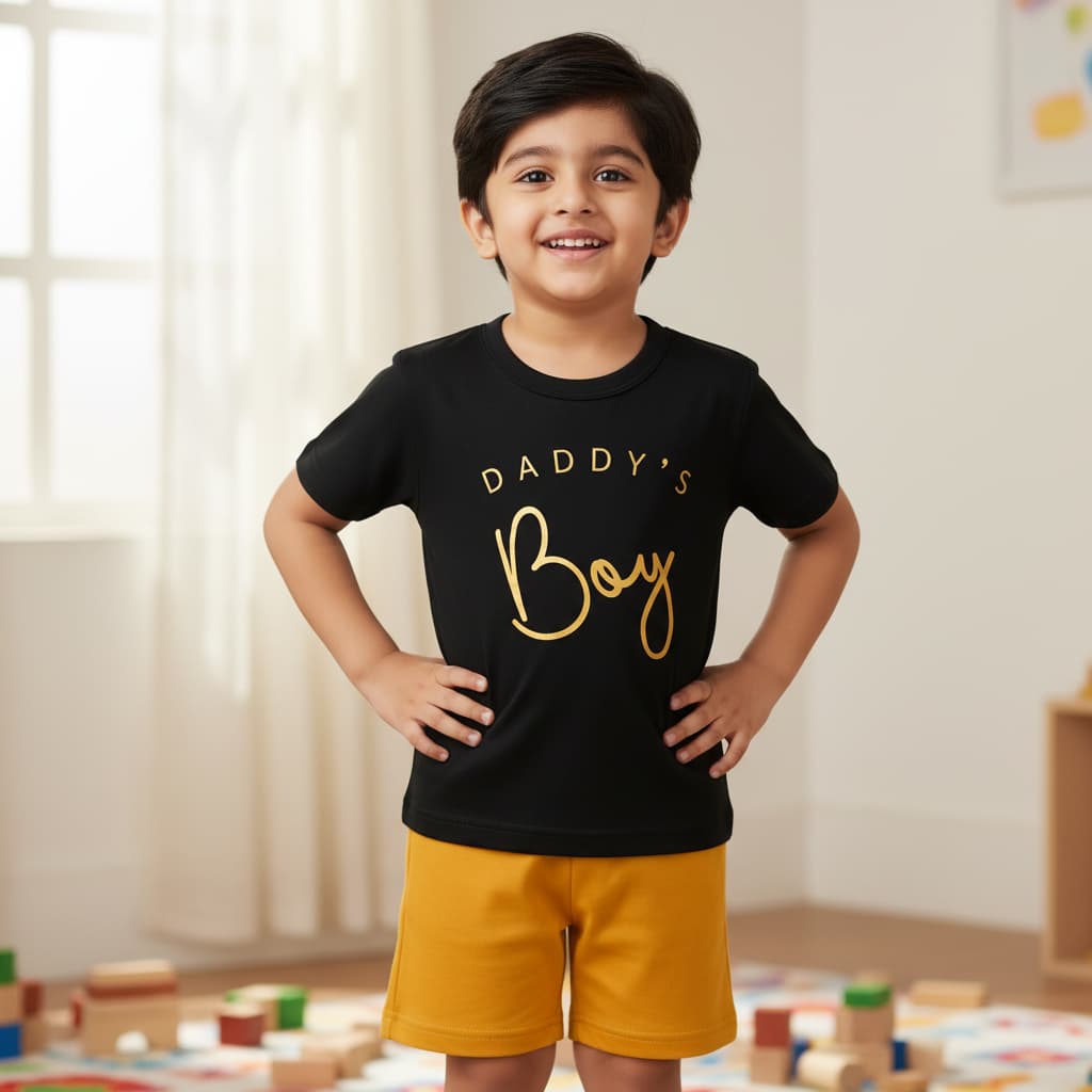 Daddy’s Boy Kids Short Sleeve T-Shirt & Shorts Set | ST-BAY-BLK-YEW