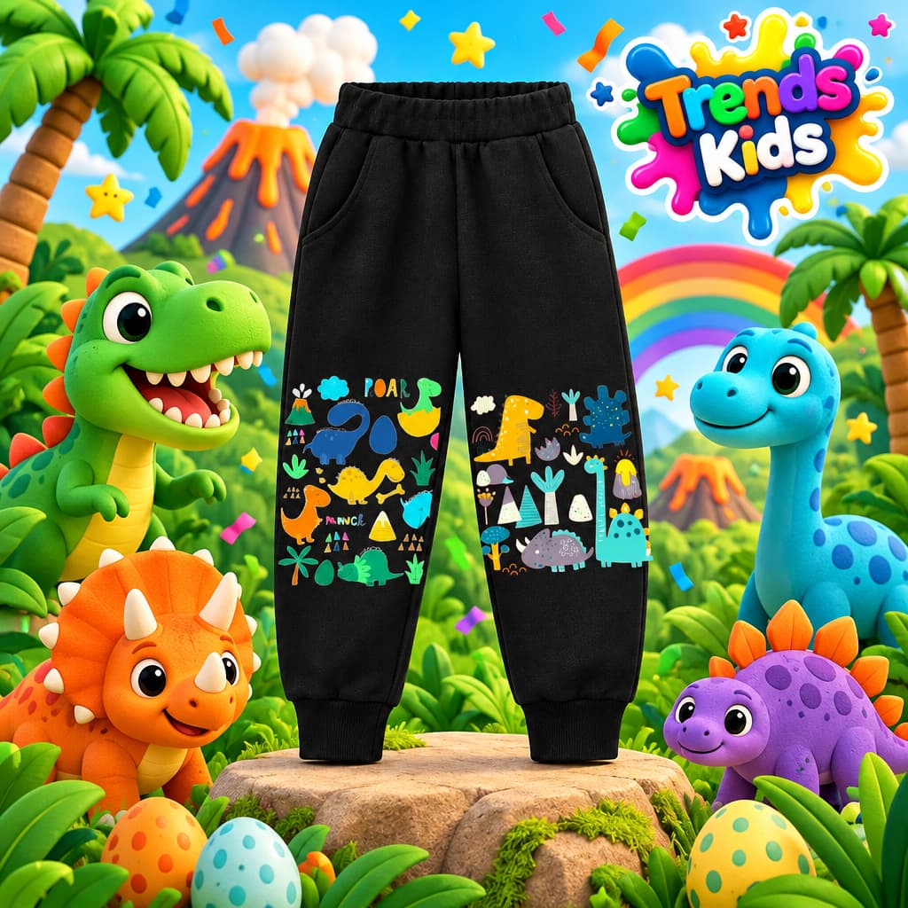 Black Joggers for Kids – Winter Warm Soft Pants Dinosaur Cartoon Print