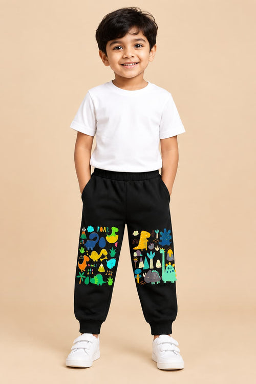 Black Joggers for Kids – Winter Warm Soft Pants Dinosaur Cartoon Print