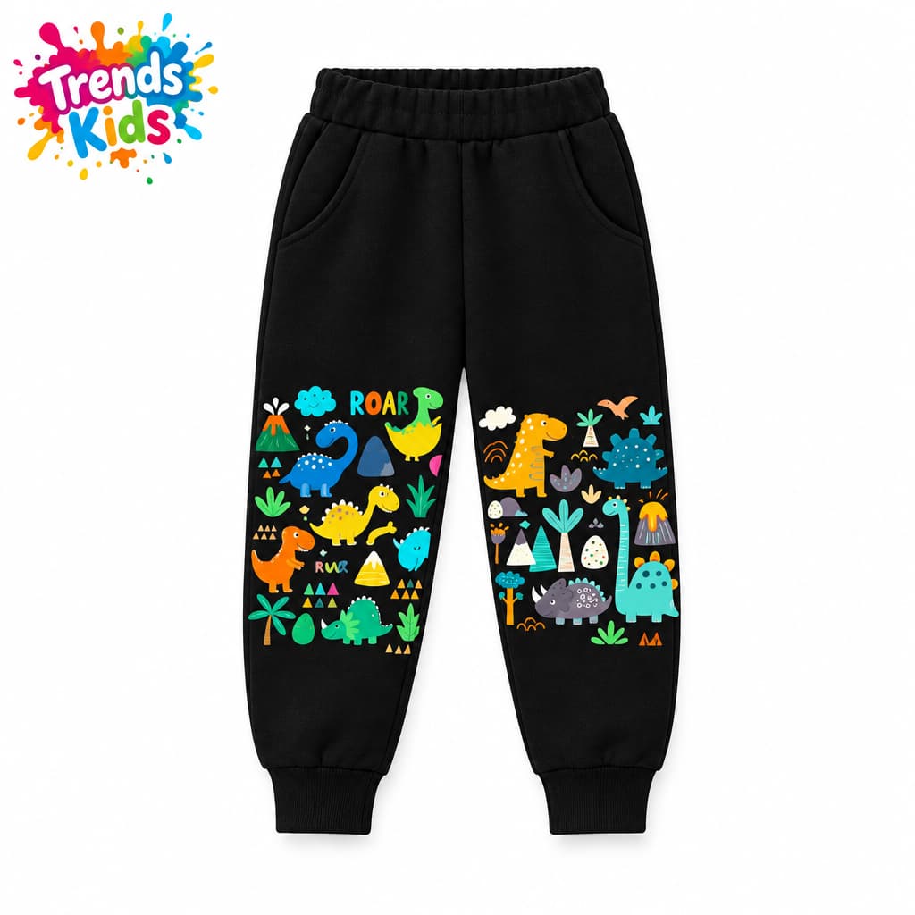 Black Joggers for Kids – Winter Warm Soft Pants Dinosaur Cartoon Print