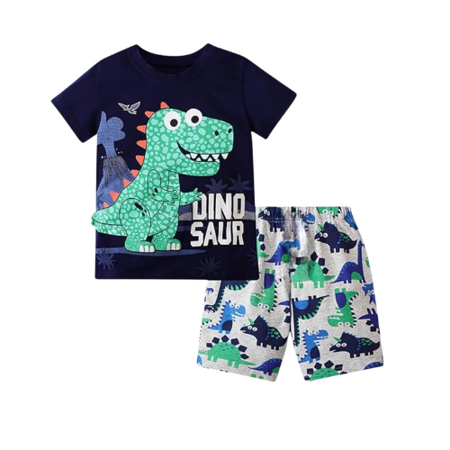 6–9 Months Basic Dinosaur Printed Round Neck T-Shirt & Shorts Set – Boys Summer Wear
