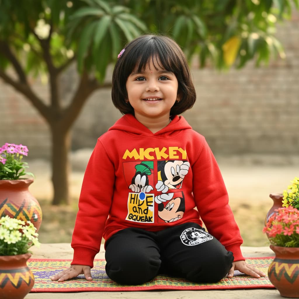 লাল হুডি ও কালো প্যান্ট সেট | Cartoon Red Hooded & Black Jogger Two-Piece