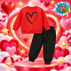 Red Sweatshirt & Black Joggers Kids Set – Heart Graphic | Premium Cotton Winter Wear