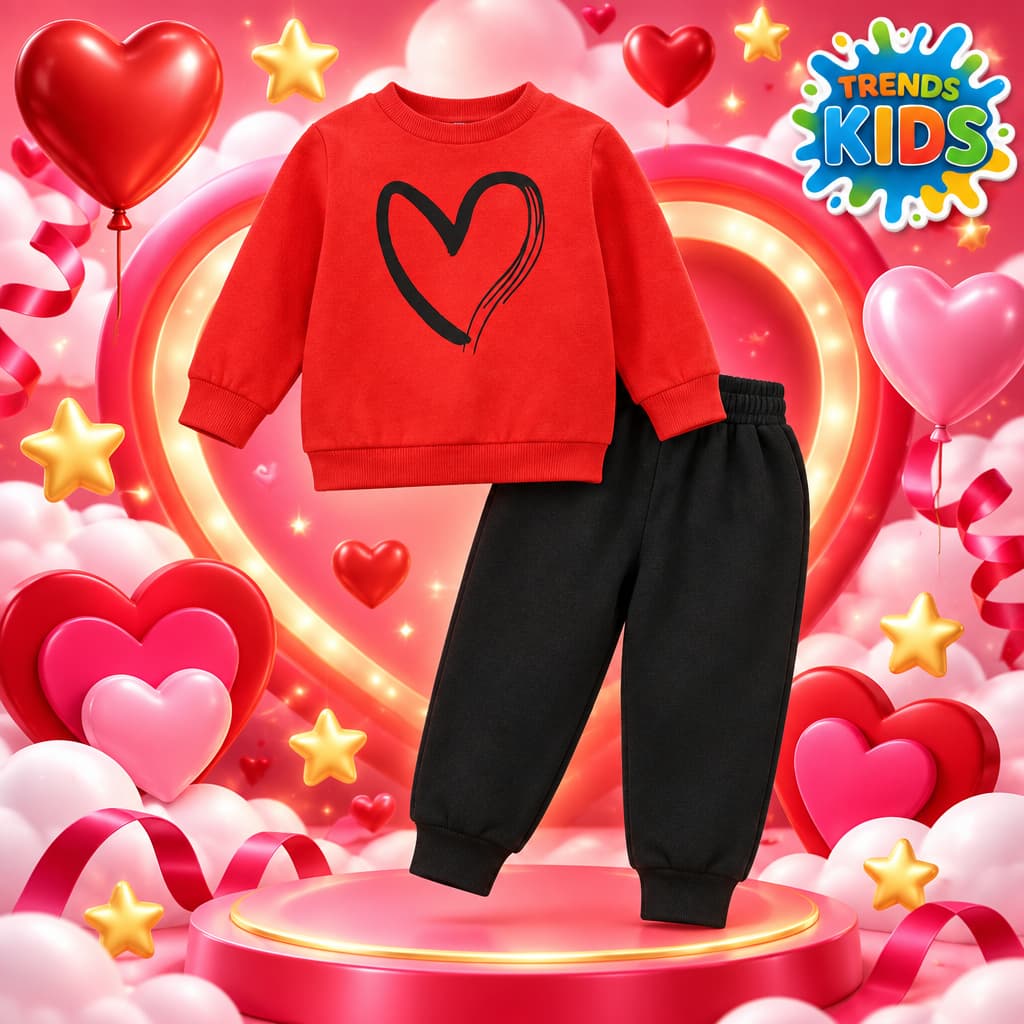Red Sweatshirt & Black Joggers Kids Set – Heart Graphic | Premium Cotton Winter Wear