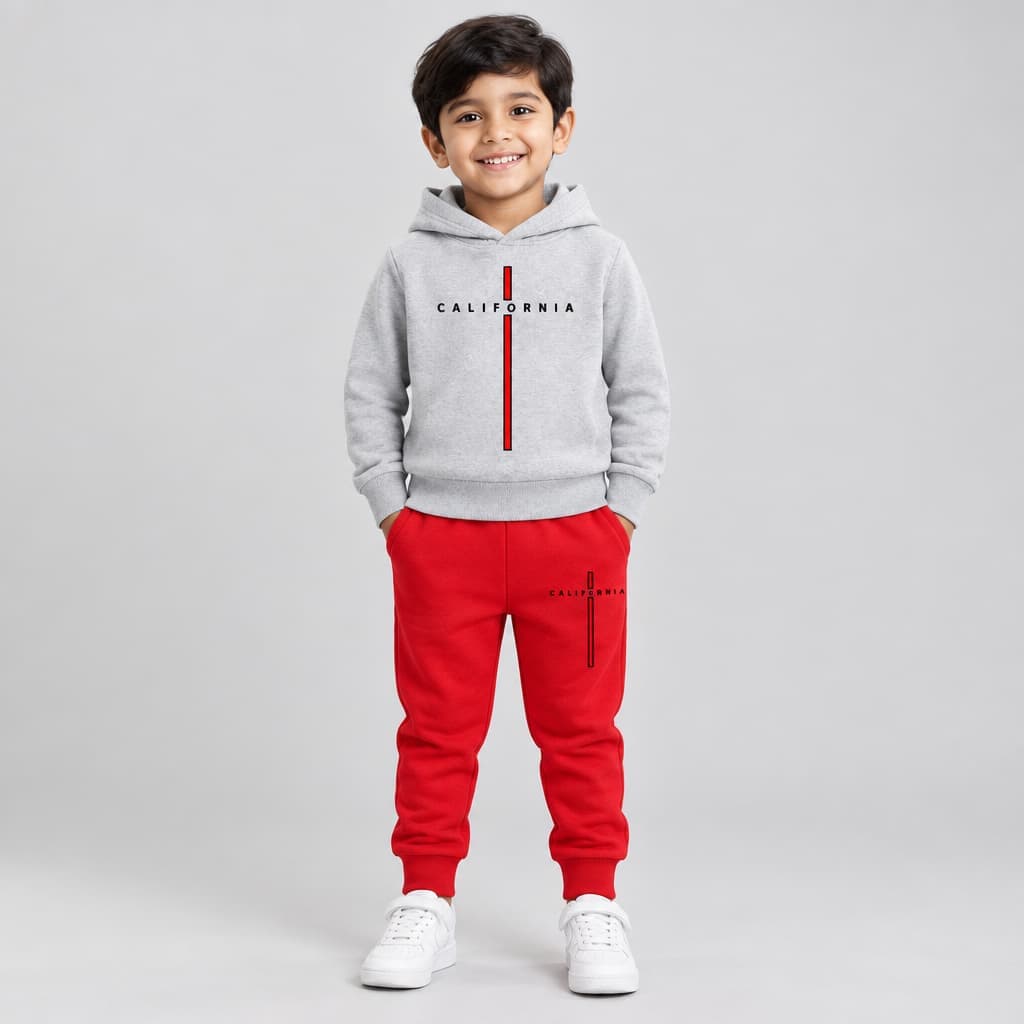 Kids Premium Hoodie & Jogger Set – Grey & Red California Print | Trends-Kids HBGGRPS