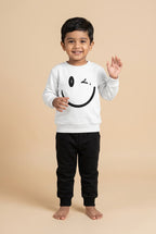 White Sweatshirt & Black Joggers Kids Set – Smiley Face Print | Premium Cotton Winter Wear