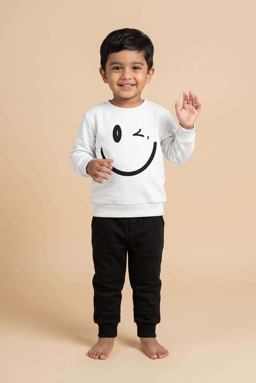 White Sweatshirt & Black Joggers Kids Set – Smiley Face Print | Premium Cotton Winter Wear